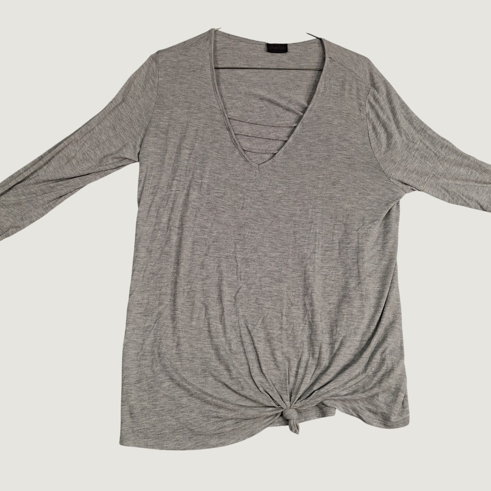 Shiela Rose Top Womens Large Gray V-Neck Strappy Front Knot Long Sleeve BT1853